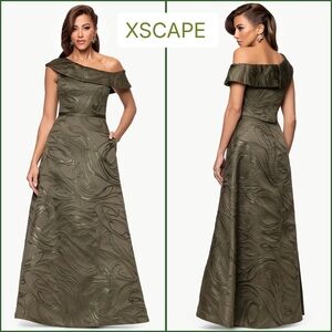 Xscape One Shoulder Jacquard Dress in Olive Size 14